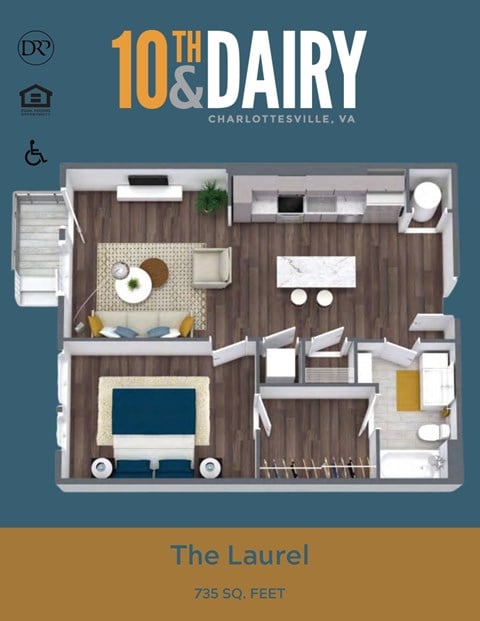 Floor plan for 1 bed, 1 bath, 735 sqft